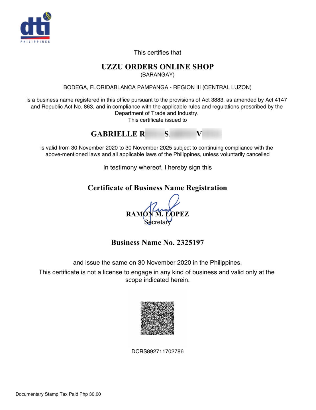 Certificate of Business Name Registration